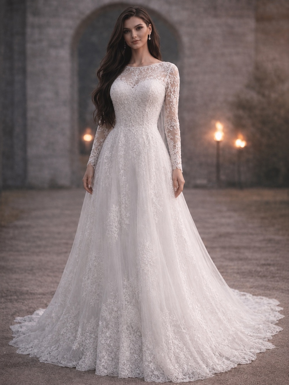 Lace Wedding Dress Size‎ 9 NWOT Long Sleeve Illusion Neck Bridal Gown Boho